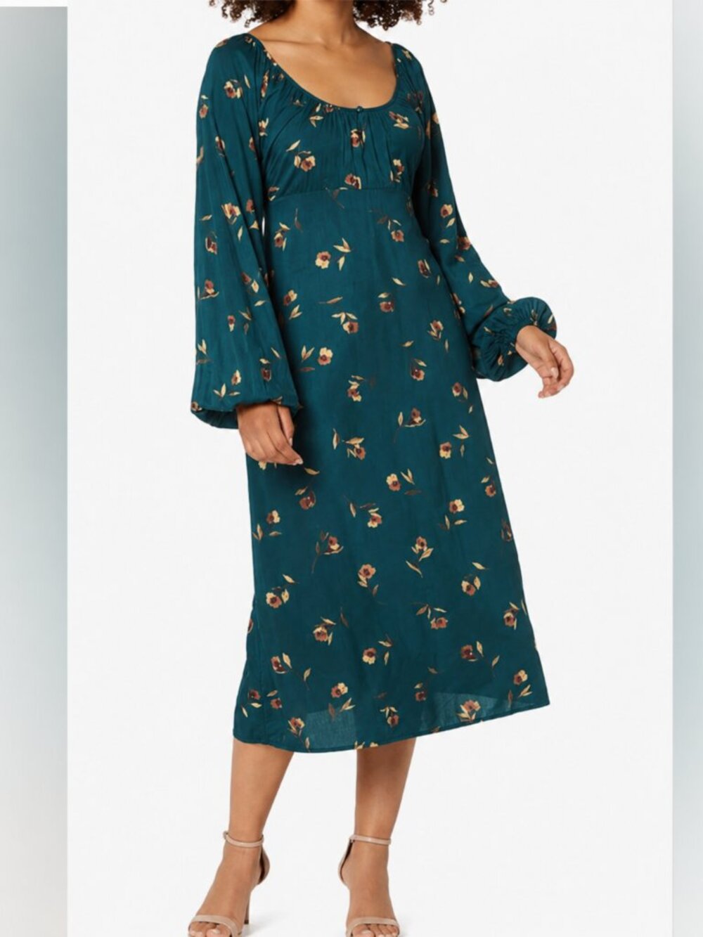 Billabong Teal Floral Midi Dress Long Sleeve Ruched Waist Boho